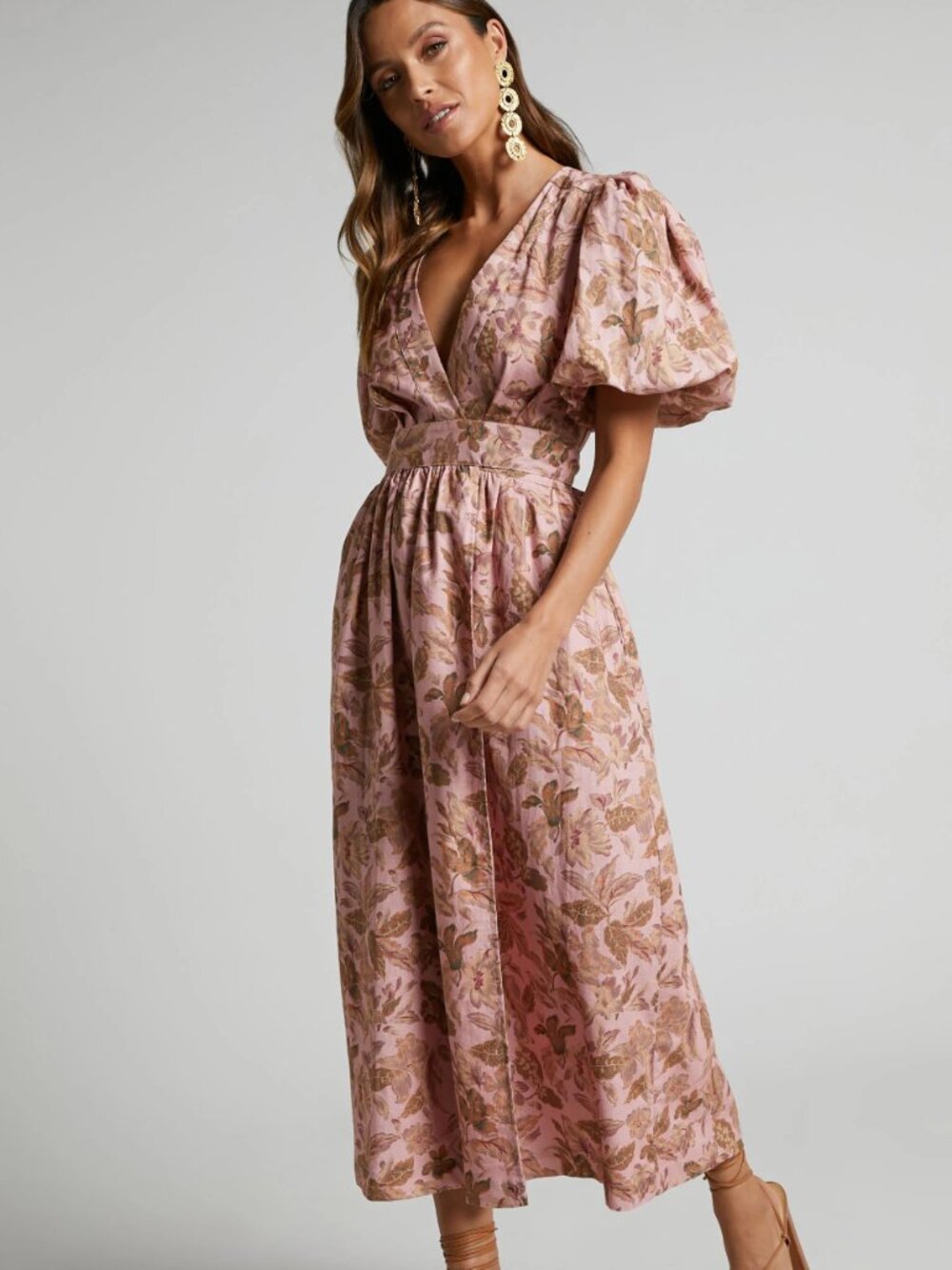 Amalie The Label Franc Linen Blend Puff Sleeve Wrap Midi Dress US 10 Pink Floral - Picture 2 of 11